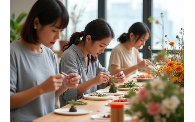 플라워 워크숍에서 참가자들이 꽃꽂이하는 모습