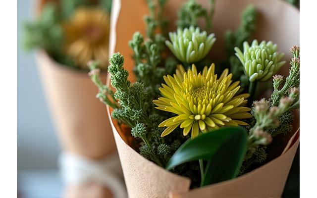 친환경 꽃 포장재를 사용한 꽃다발 클로즈업