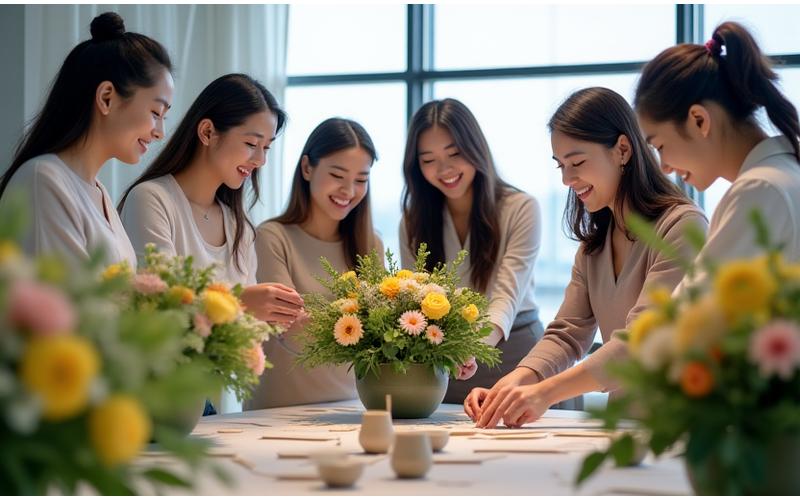 기업 팀빌딩 워크숍에서 직원들이 함께 플라워 작품을 만드는 모습
