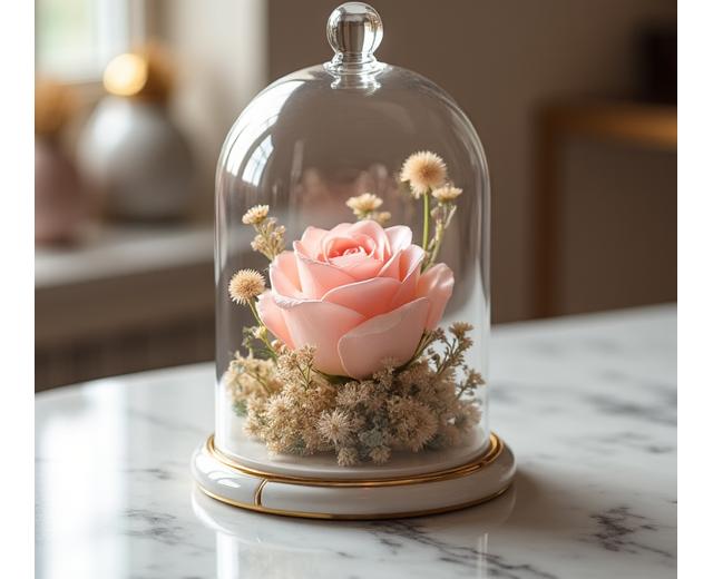수강생 작품: 프리저브드 장미와 유칼립투스로 만든 유리 돔