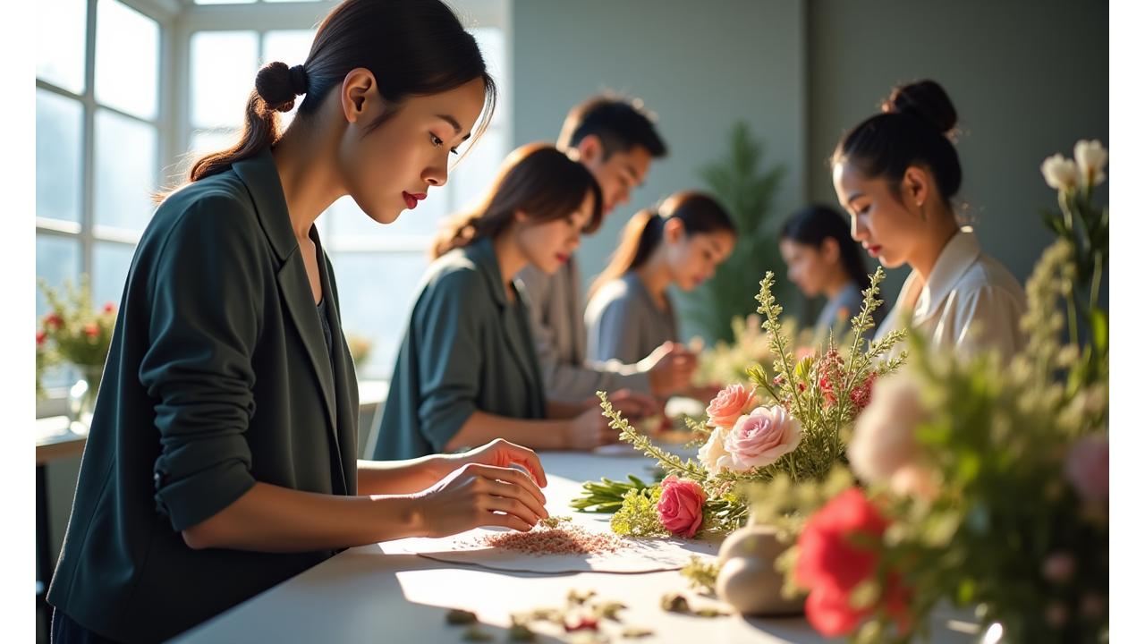 화전 가든스 보태니컬 아트 워크숍, 강사가 수강생에게 꽃 장식 기법을 가르치는 모습