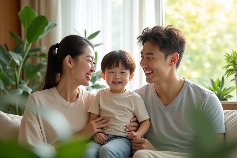행복하게 웃는 가족이 깨끗하고 햇살 가득한 거실에서 함께 있는 모습, 푸른 지구본이 자연스럽게 배경에 어우러져 친환경 청소의 혜택을 강조합니다.