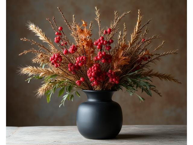 낙엽과 베리로 장식된 가을 분위기의 부드러운 꽃다발
