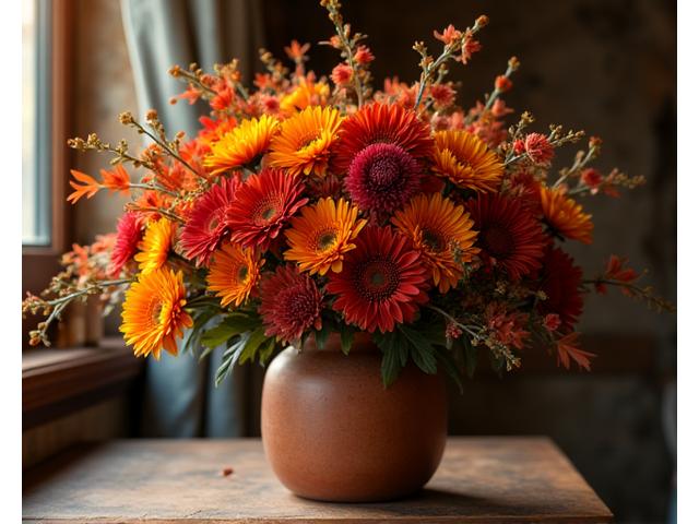 국화, 단풍잎, 열매로 만든 따뜻한 색감의 가을 부케