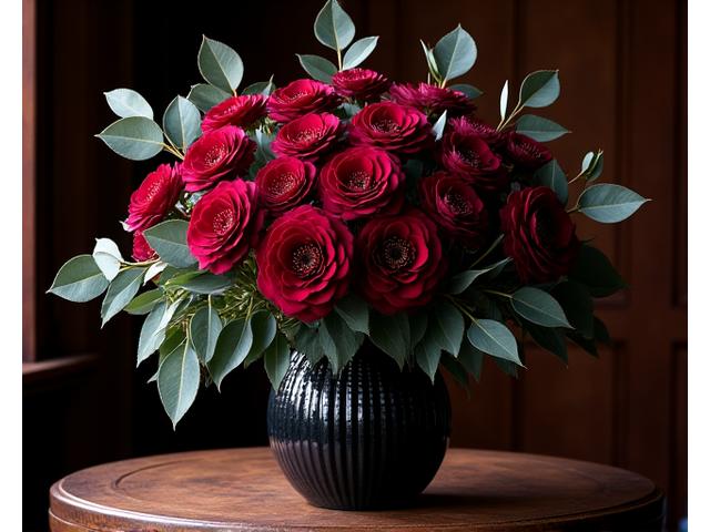 버건디 로즈와 달리아, 유칼립투스로 연출한 깊이 있는 가을 어레인지먼트