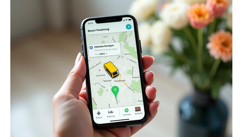 스마트폰 화면에 실시간 꽃 배송 추적 지도가 표시된 이미지