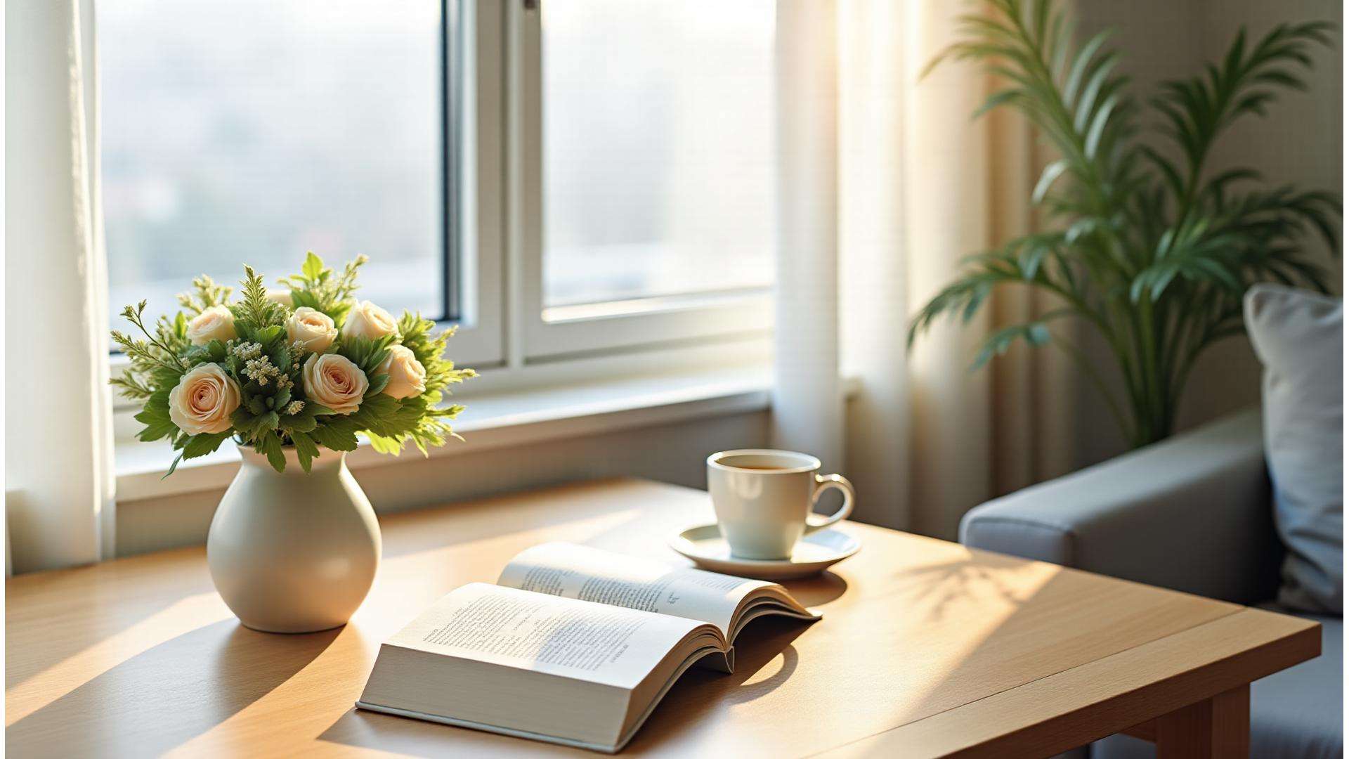 화창한 창문가에 놓인 신선한 꽃다발과 커피잔, 책이 어우러져 평온한 아침을 연출하는 장면