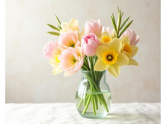 봄의 벚꽃, 튤립, 수선화가 어우러진 파스텔 톤 꽃다발