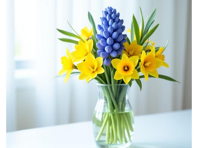 향기로운 히아신스와 수선화가 강조된 봄 내음 가득한 꽃다발