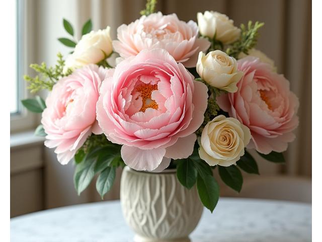 탐스러운 작약과 가든 로즈가 돋보이는 풍성한 봄 어레인지먼트