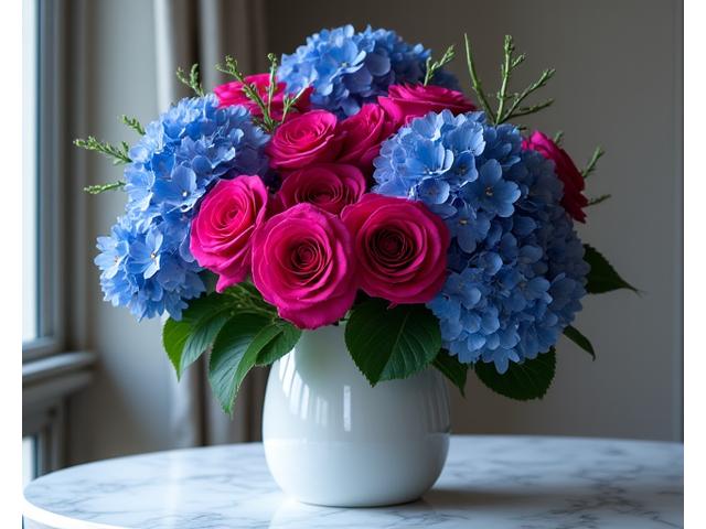 선명한 색감의 장미와 수국이 조화를 이루는 여름 어레인지먼트