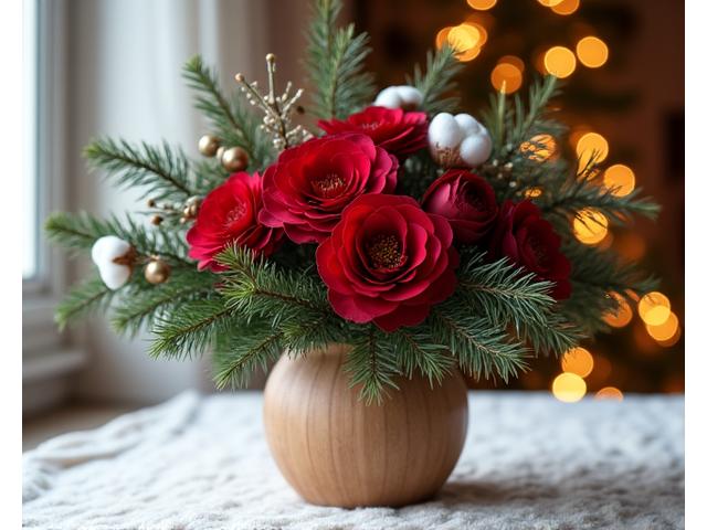 동백, 소나무, 목화로 연출한 따뜻한 겨울 테마의 꽃다발