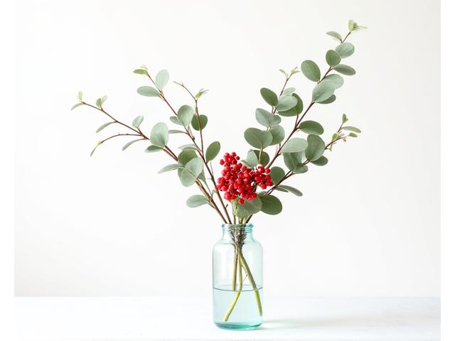 유칼립투스 가지와 붉은 열매로 장식된 미니멀한 겨울 부케