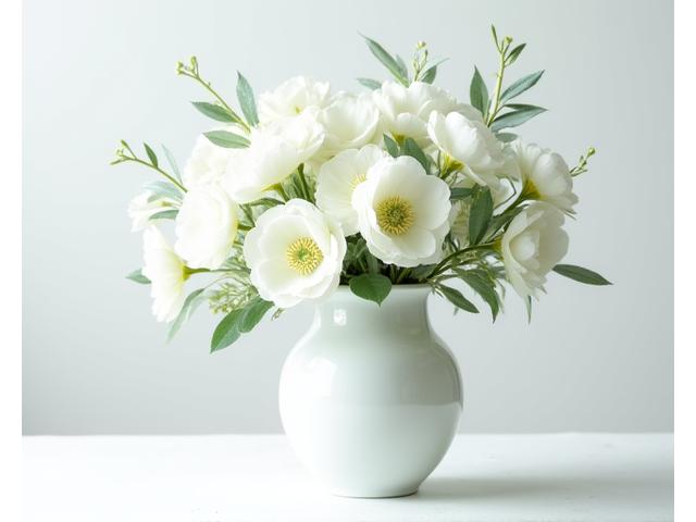 하얀 헬레보어와 은엽 아카시아로 꾸민 깨끗하고 순수한 겨울 어레인지먼트