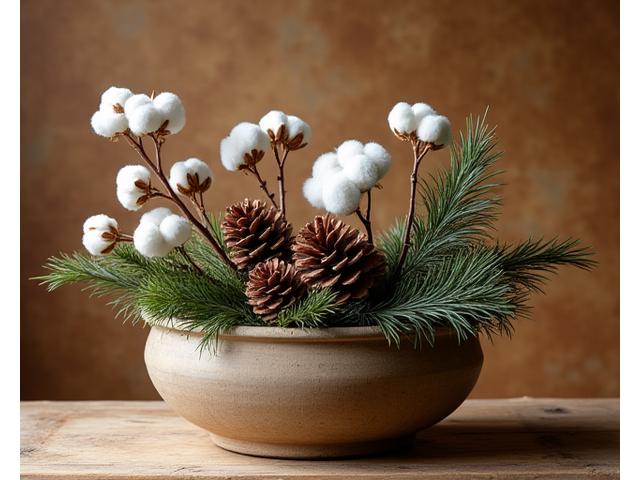 솔방울과 목화솜을 활용한 아늑한 겨울 꽃장식
