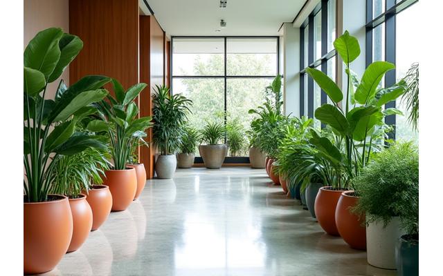 생기 넘치는 실내 식물로 꾸며진 오피스 공간