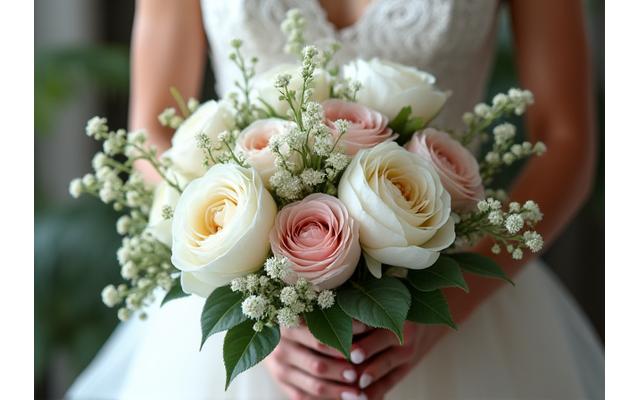 고급스러운 웨딩 부케와 신부의 미소