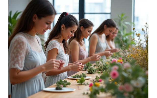 플로리스트 워크숍에서 꽃을 배우는 사람들