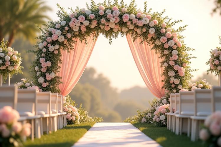 야외 웨딩을 장식한 풍성한 플라워 아치