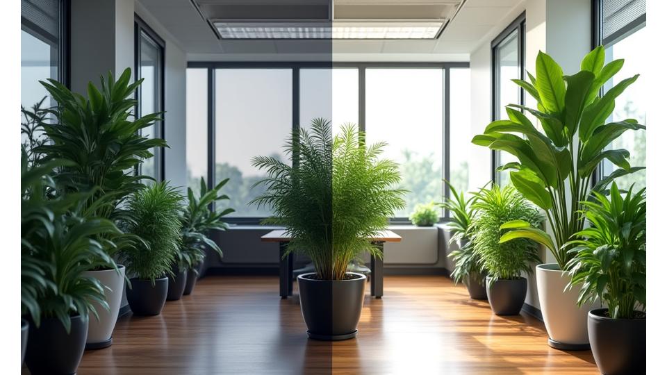 식물 인테리어 전 칙칙했던 사무실과 후 활기찬 그린 오피스가 비교된 이미지