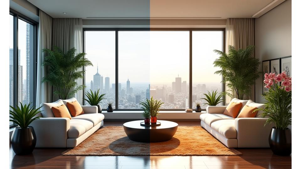 식물 인테리어 전후의 압구정 펜트하우스 거실 비교 이미지