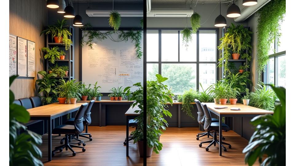 식물 인테리어 전후 을지로 스타트업의 작업 공간 비교 이미지