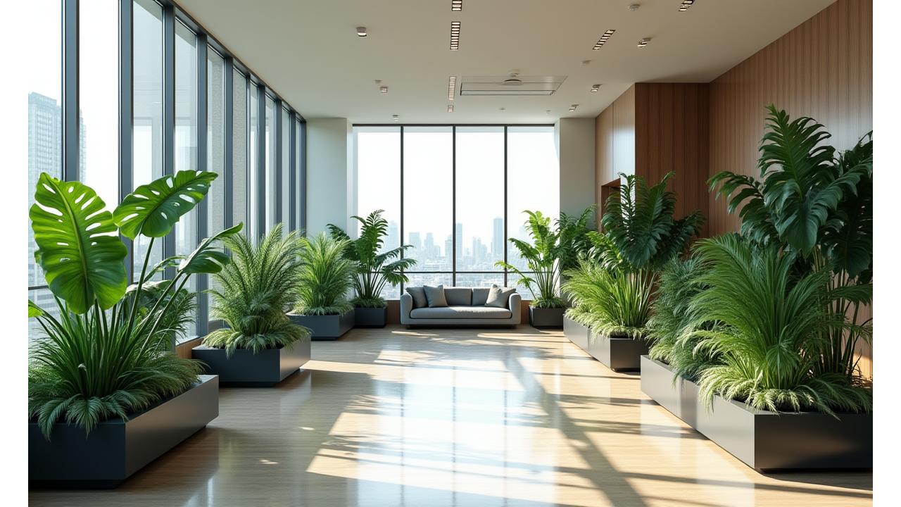 모던한 오피스 공간에 풍성하게 배치된 다양한 공기 정화 식물들