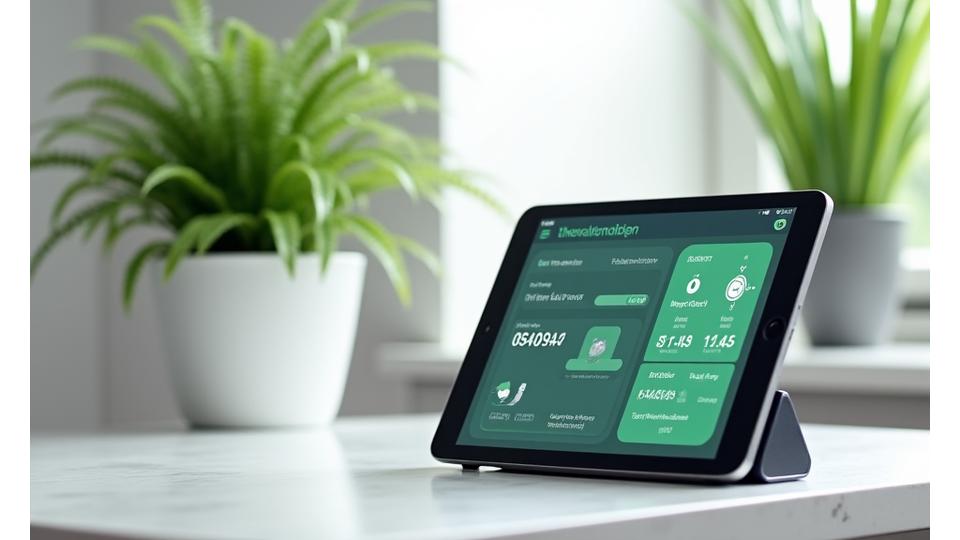 태블릿으로 스마트 식물 관리 시스템을 모니터링하는 모습