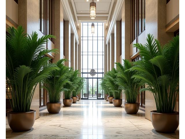 고급스러운 호텔 로비에 대형 식물들이 공간을 압도하며 장식된 모습