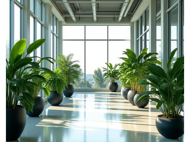햇살 가득한 개방형 오피스 공간에 배치된 대형 식물