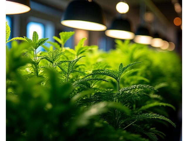 창이 없는 지하 공간에 식물 조명 아래 건강하게 자라는 식물들
