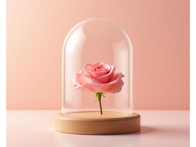 투명한 유리돔 안에 놓인 우아한 단일 프리저브드 장미