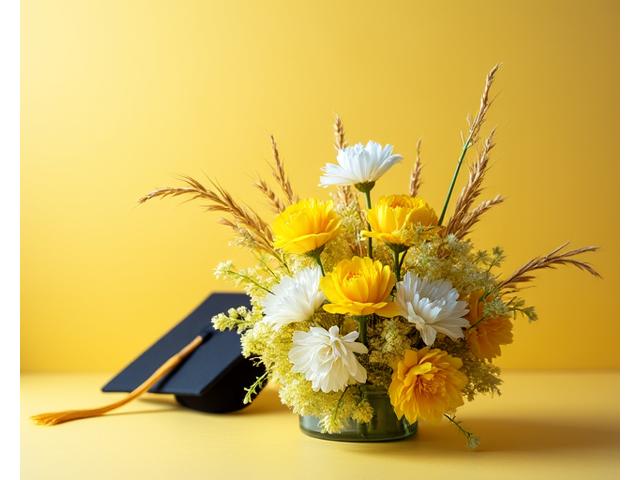 졸업 모자와 함께 놓인 밝고 희망찬 색상의 프리저브드 꽃다발