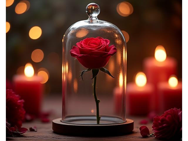 로맨틱한 조명 아래 유리돔에 담긴 프리저브드 장미