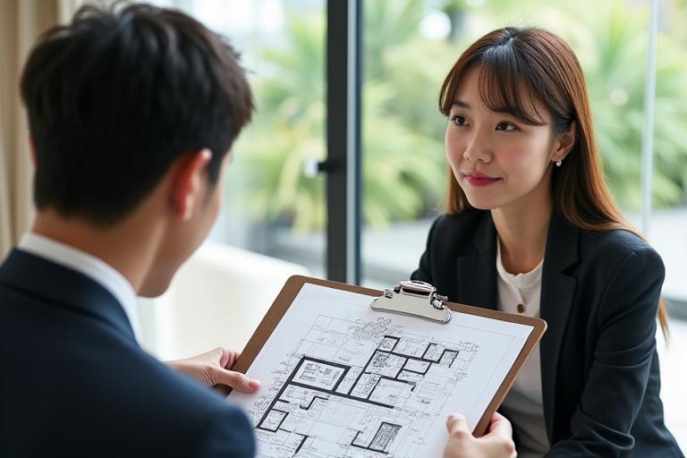 전문 가든 디자이너가 고객에게 정원 계획을 설명하는 모습