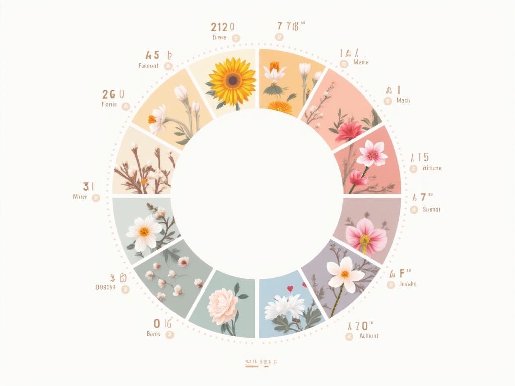 한국의 사계절을 나타내는 원형 캘린더 이미지. 봄, 여름, 가을, 겨울 각 부분에 대표 꽃과 원산지가 표시되어 있다.