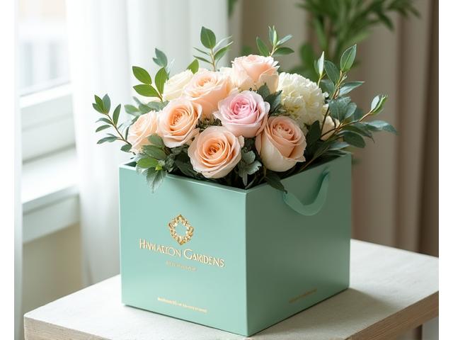 화전 가든스 로고가 새겨진 고급스러운 박스에 담긴 꽃다발이 배송되는 모습