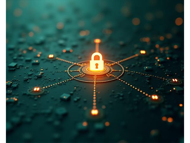 네트워크 보안을 상징하는 육각형 패턴과 자물쇠 아이콘, 안전하게 보호되는 데이터