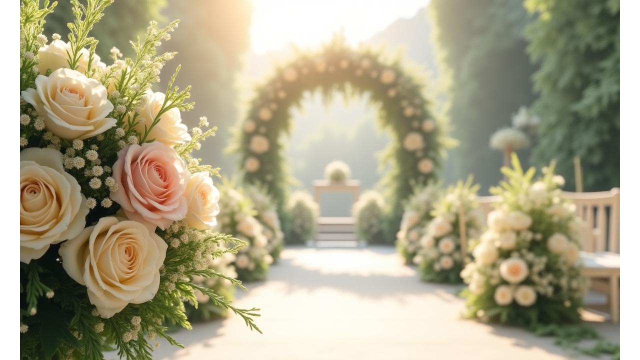 화사하고 로맨틱한 분위기의 웨딩 부케와 꽃장식이 있는 결혼식